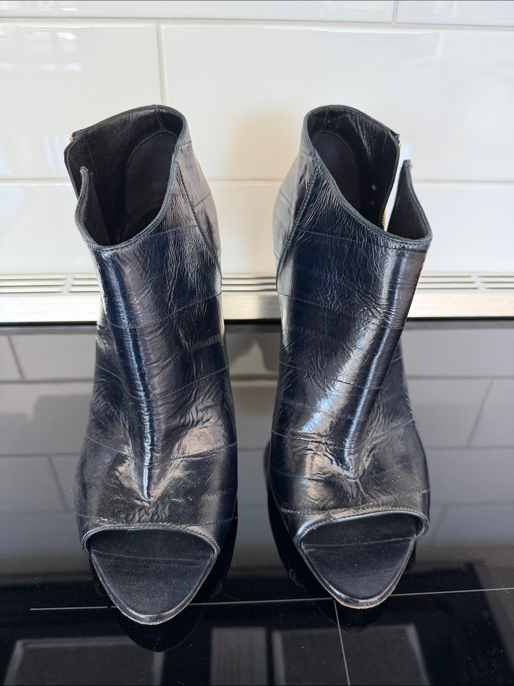 Burberry Black Leather Peep-Toe Ankle Booties with Back Zip